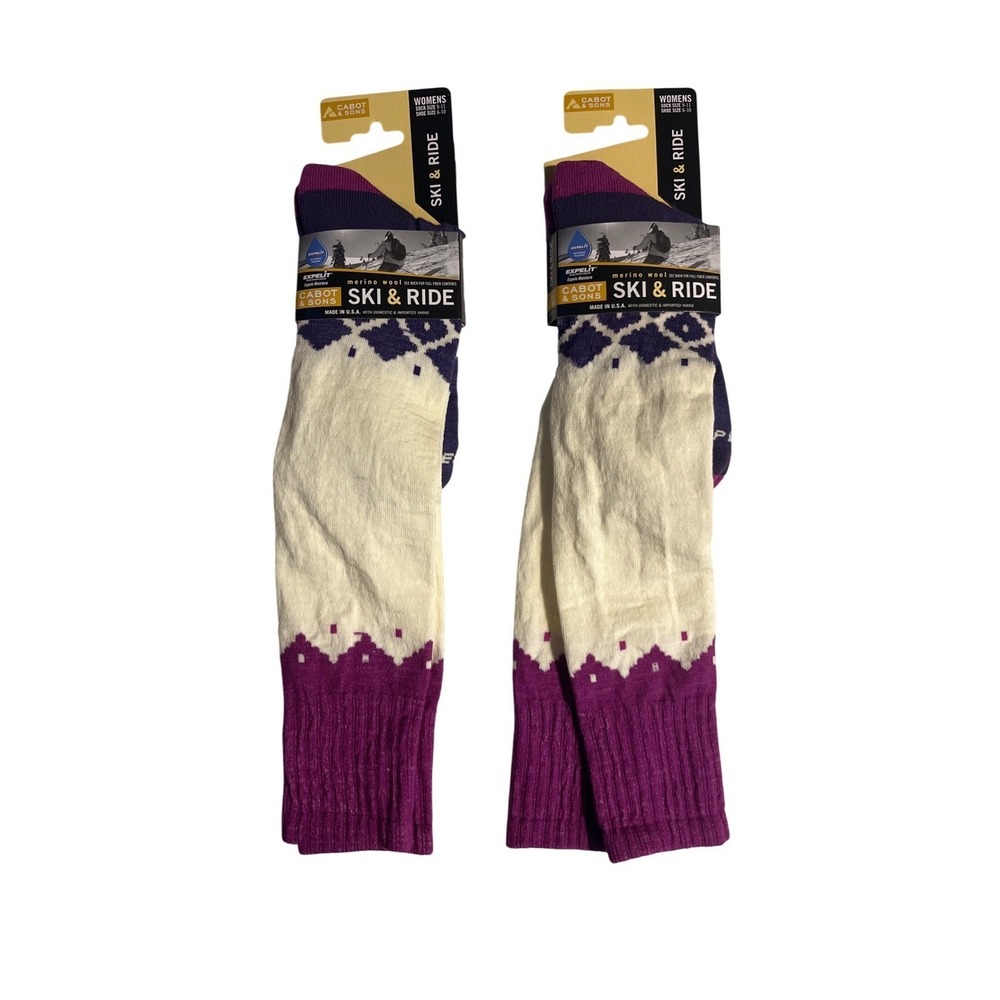 Cabot & Sons Womens‎ Ski & Ride Merino Wool Socks 2 Pairs Purple Fair Isle 6-10